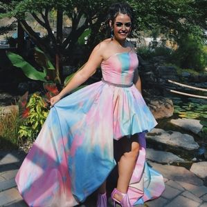Tie-dye Sherri Hill high low prom dress.